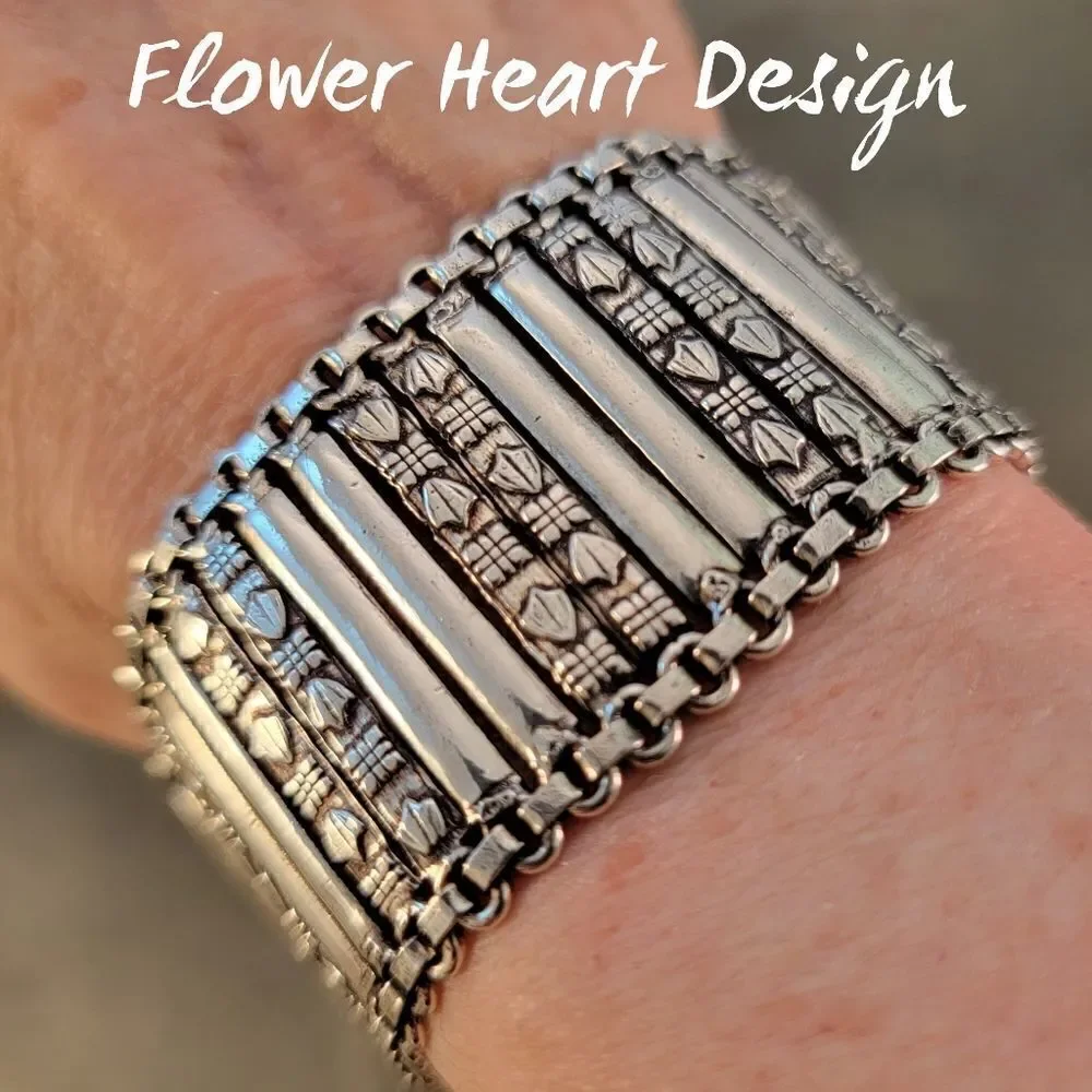 Artisan Sterling Rajasthani Wide Decorative Heart Flower Embossed Link Bracelet